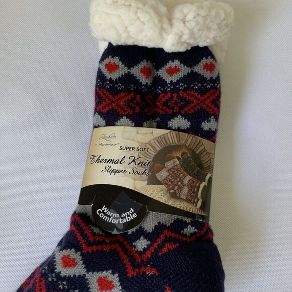 Mirabean Thermal Knit Slipper Sock One Size Blue Red Fleece 4.7 TOG Warm Gripper - Picture 3 of 6